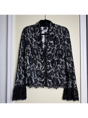 Tadashi Lace Black Floral Jacket Blazer With Beaded Detail Sz 16